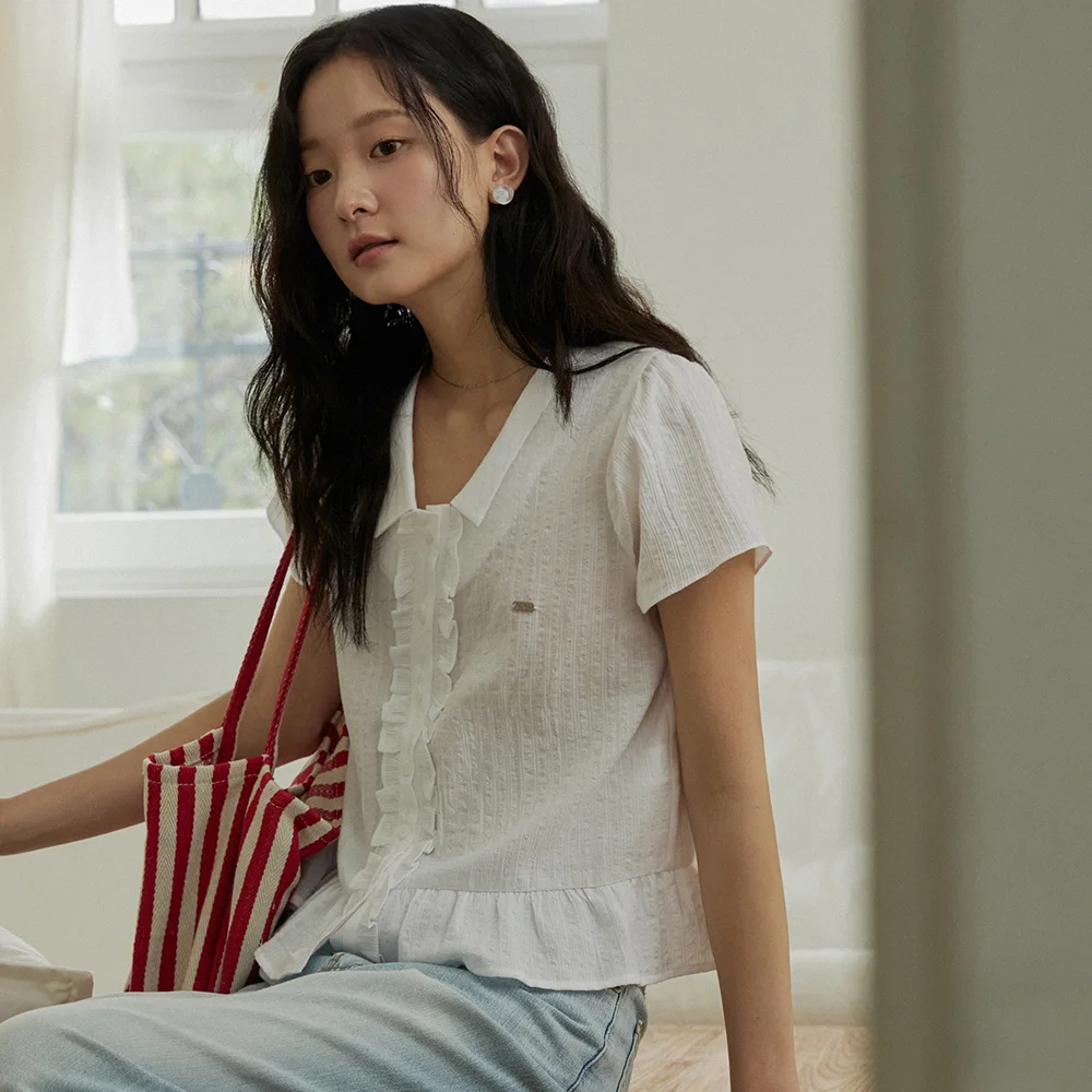 Frill jacquard cap sleeve blouse - white