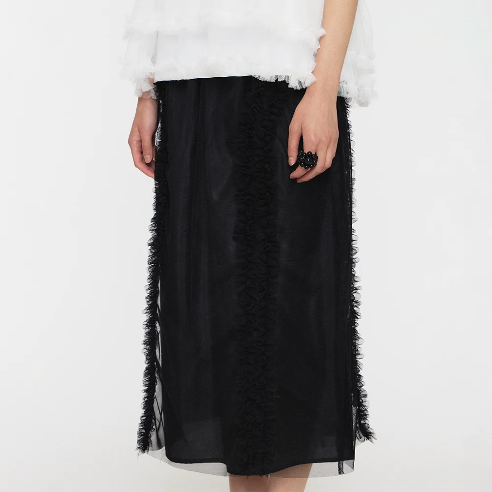 BANDING RUFFLE LONG SKIRT - BLACK