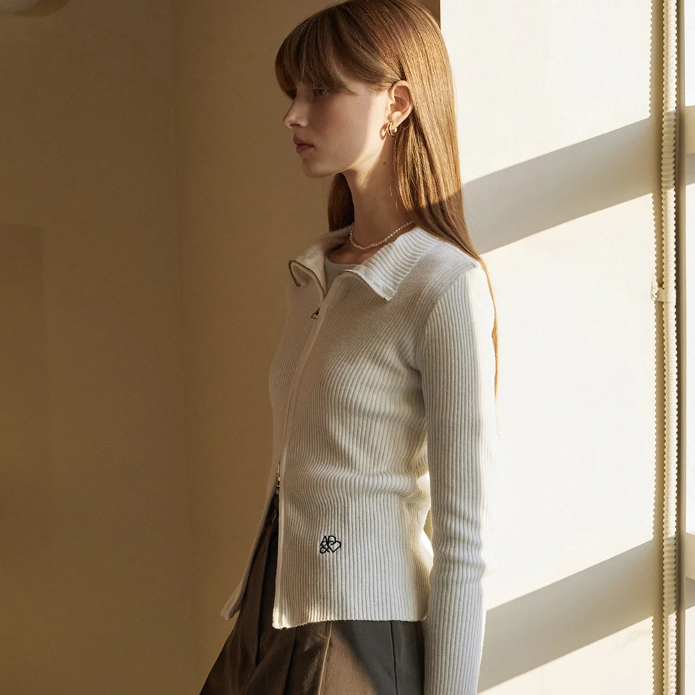 Slim two way zip up wool knit cardigan - ivory