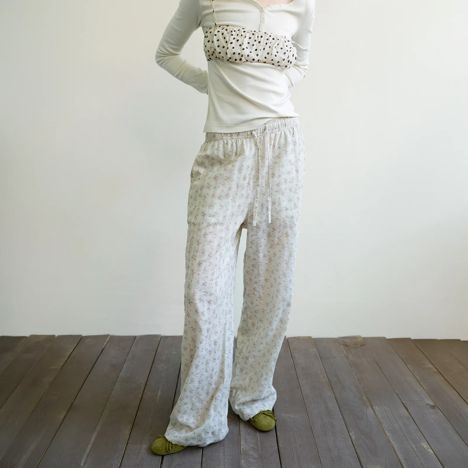 FLORAL STRIPE LOUNGE PANTS - BEIGE