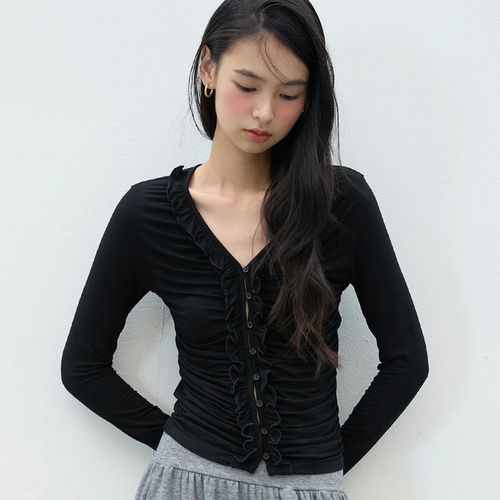 Ruffled Shirring Button Top Black