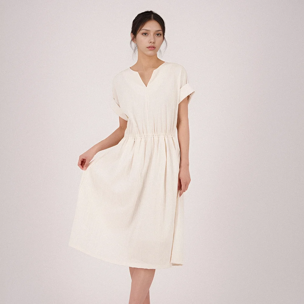 Sleeve Detail Slit Dress _Ivory