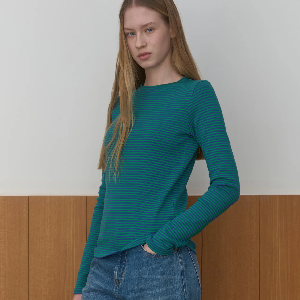 STRIPE LONG SLEEVE T-SHIRT_GREEN/BLUE