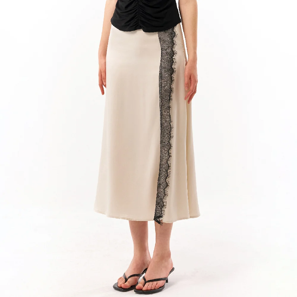 Elodie lace front-slit skirt (cream white)