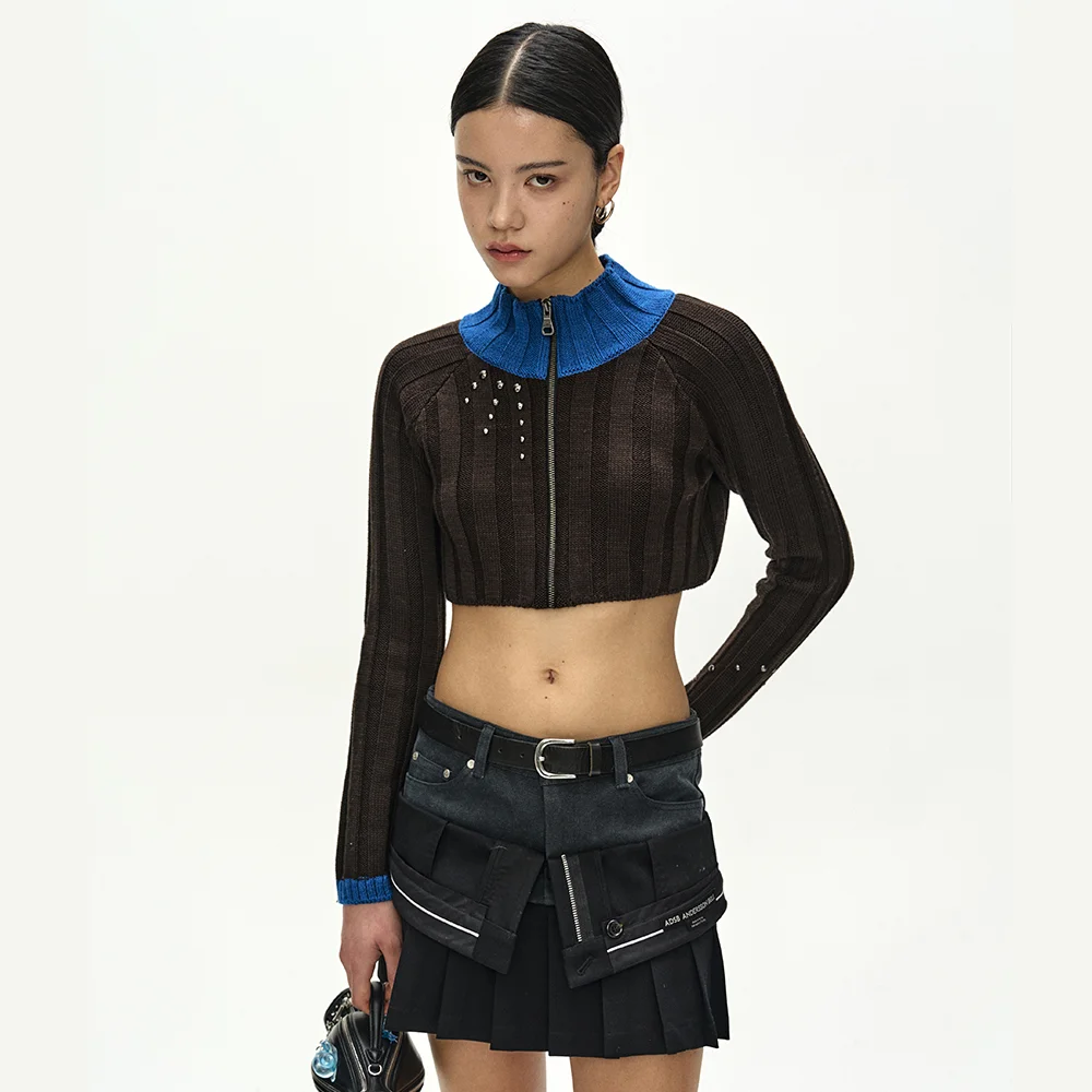 STUDDED WIDE RIB CROP ZIP-UP (BROWN/BLUE)