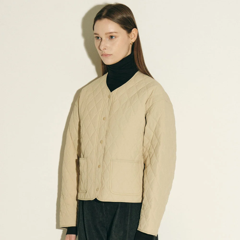 round sleeve crop quilting jacket_beige