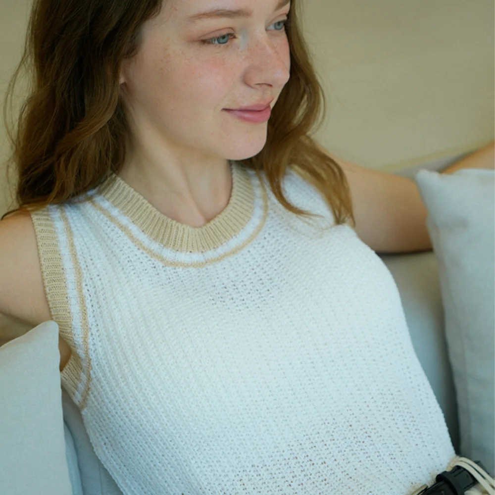 Summer Round Color Matching Knit Sleeveless (White)