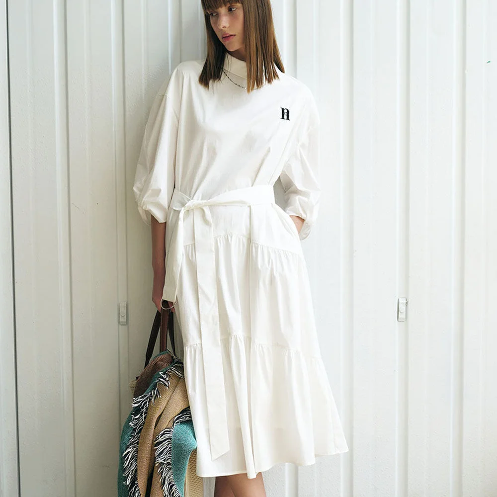 Sleeve Twist Long Shirt Dress (White)