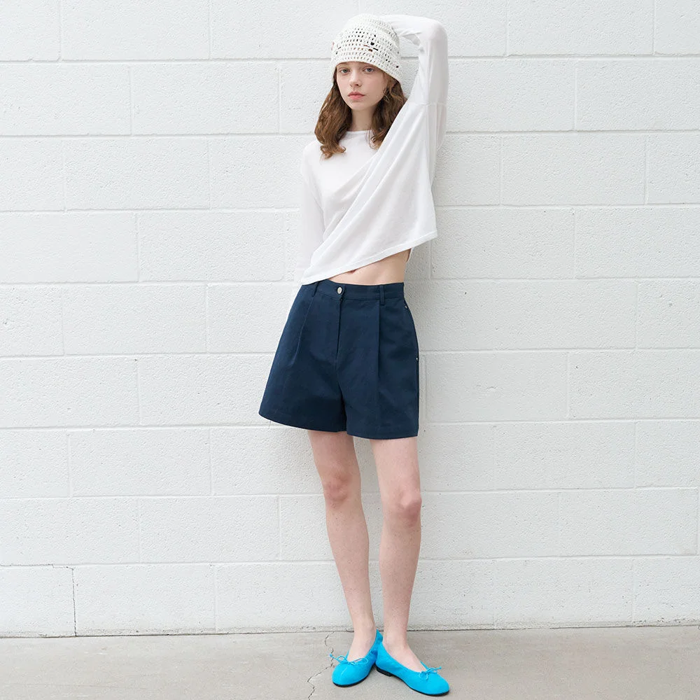 A-line one tuck cotton short _Navy