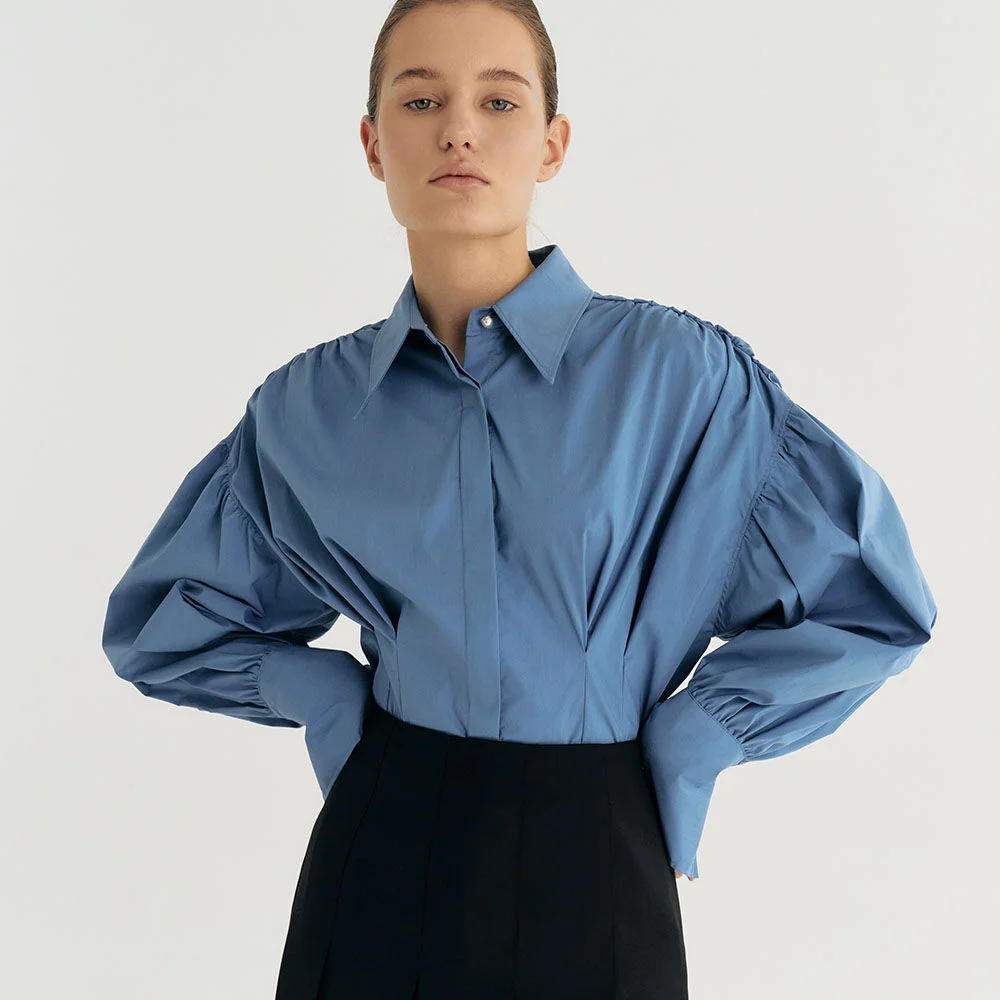 Volume Sleeve Pleated Shirt (Deep Blue)
