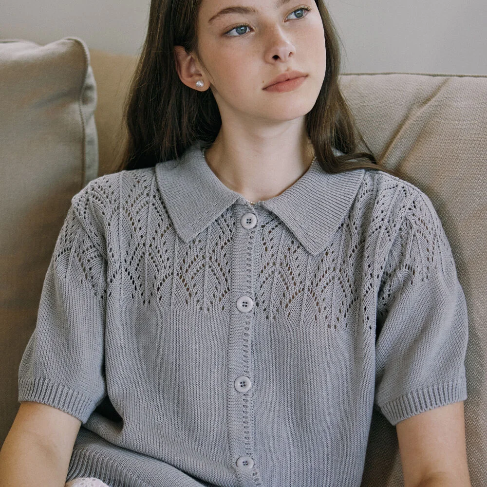 Crochet Collar Cardigan - Grey
