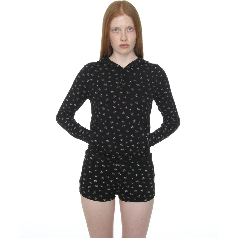 PWC HENLEY NECK HOODED LONG SLEEVE TEE_BLACK FLORAL
