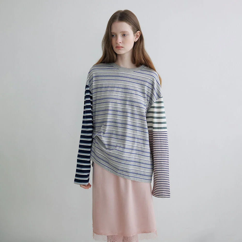 Color block stripe longsleeve T-shirt _Gray