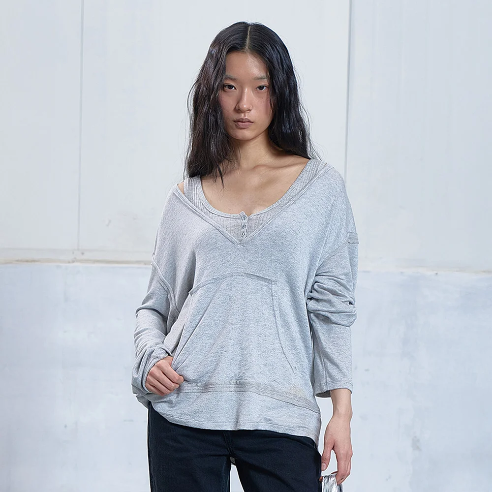 RAW V LONG SLEEVE IN MELANGE GREY