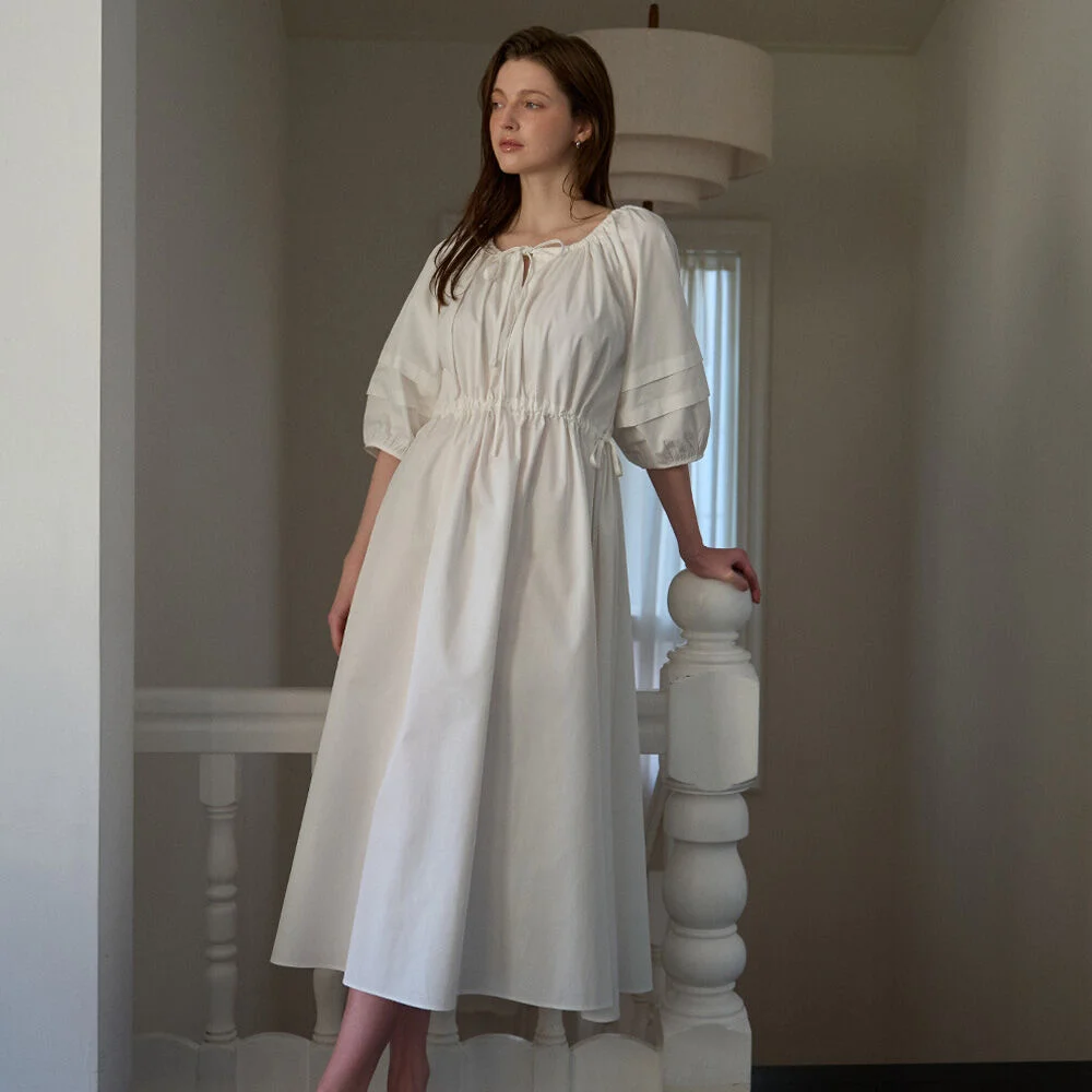 Ribbon Shirring Puff Long Dress