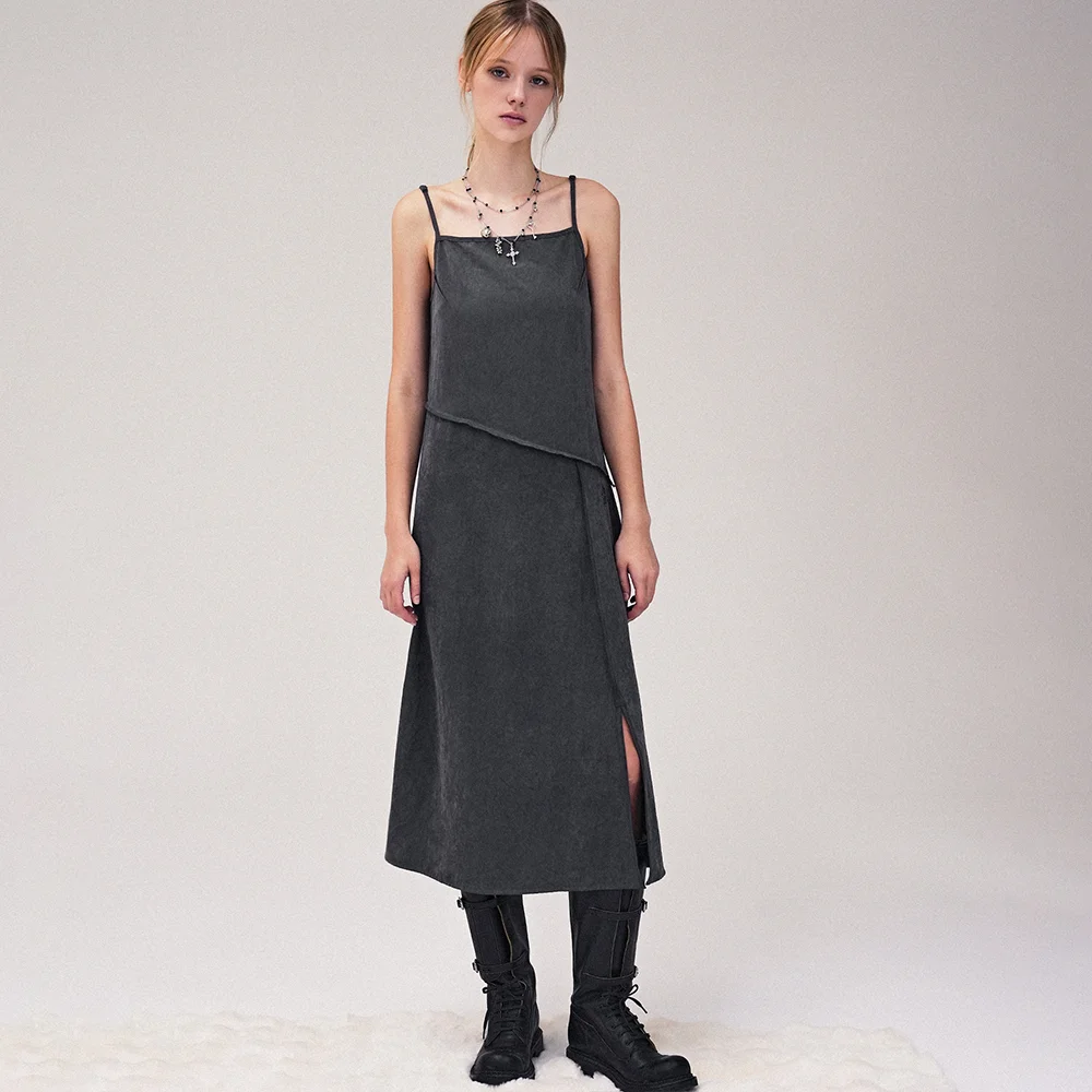 Diagonal Line Sleeveless Dress CHARCOAL