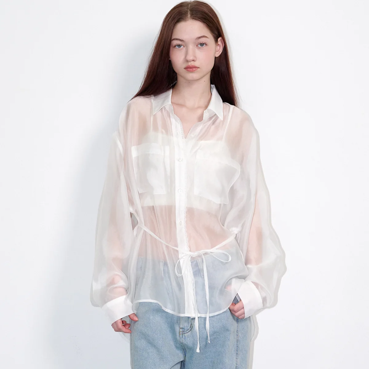 See-through lace silky shirt White