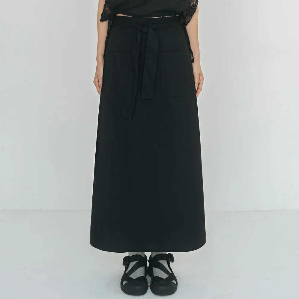 Waist Ribbon Black Long Skirt