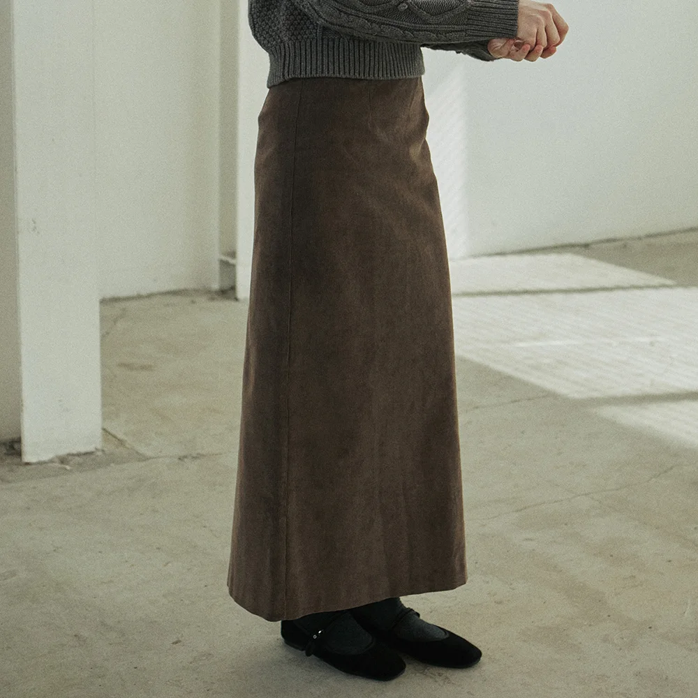CORDUROY LINE SKIRT_BROWN
