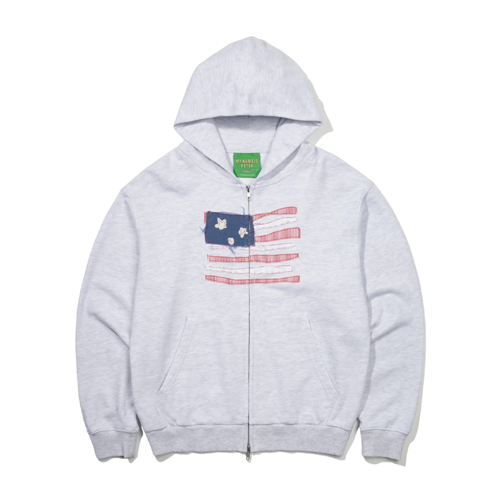 USA FLAG APPLIQUE ZIP HOODIE - LIGHT GRAY
