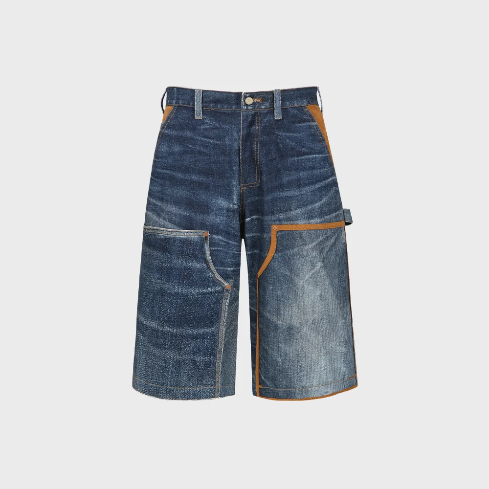 UNISEX DENIM TROMPE LOEIL DOUBLE KNEE SHORTS apa786u(BLUE)