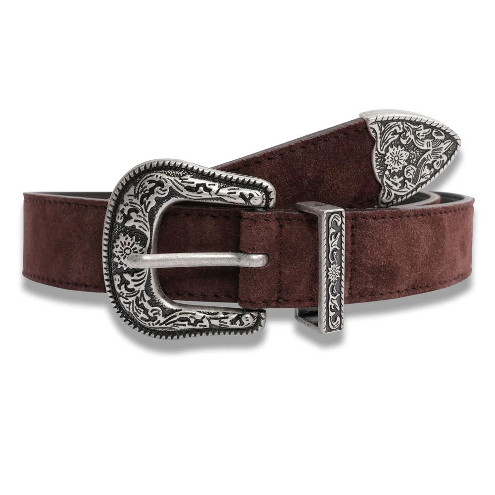 Flower Western Suede Belt in Brown