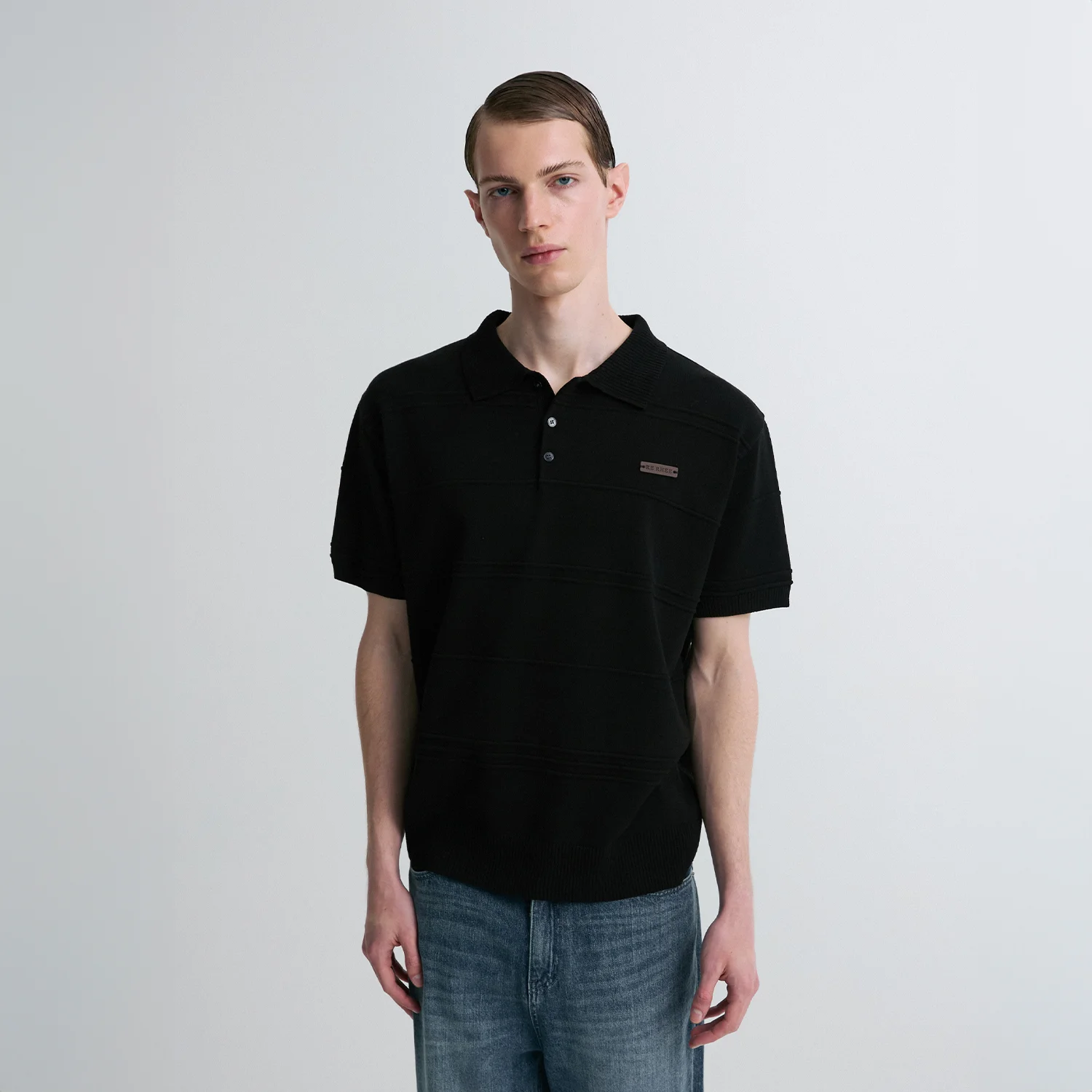 RIBBED DETAIL KNIT POLO SHIRT BLACK
