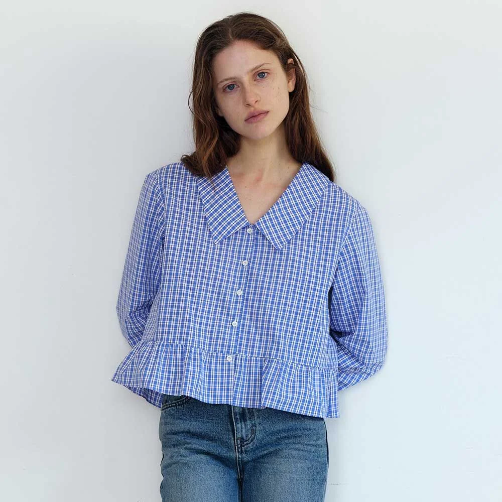 Wide Collar Check Blouse(Blue)