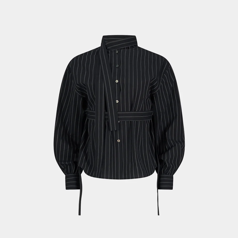 (W) STRIPED SCARF BLOUSE - BLACK