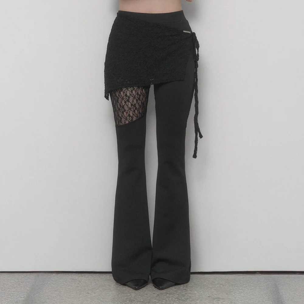 See Through Lace Lap Bootcut Pants (Black)