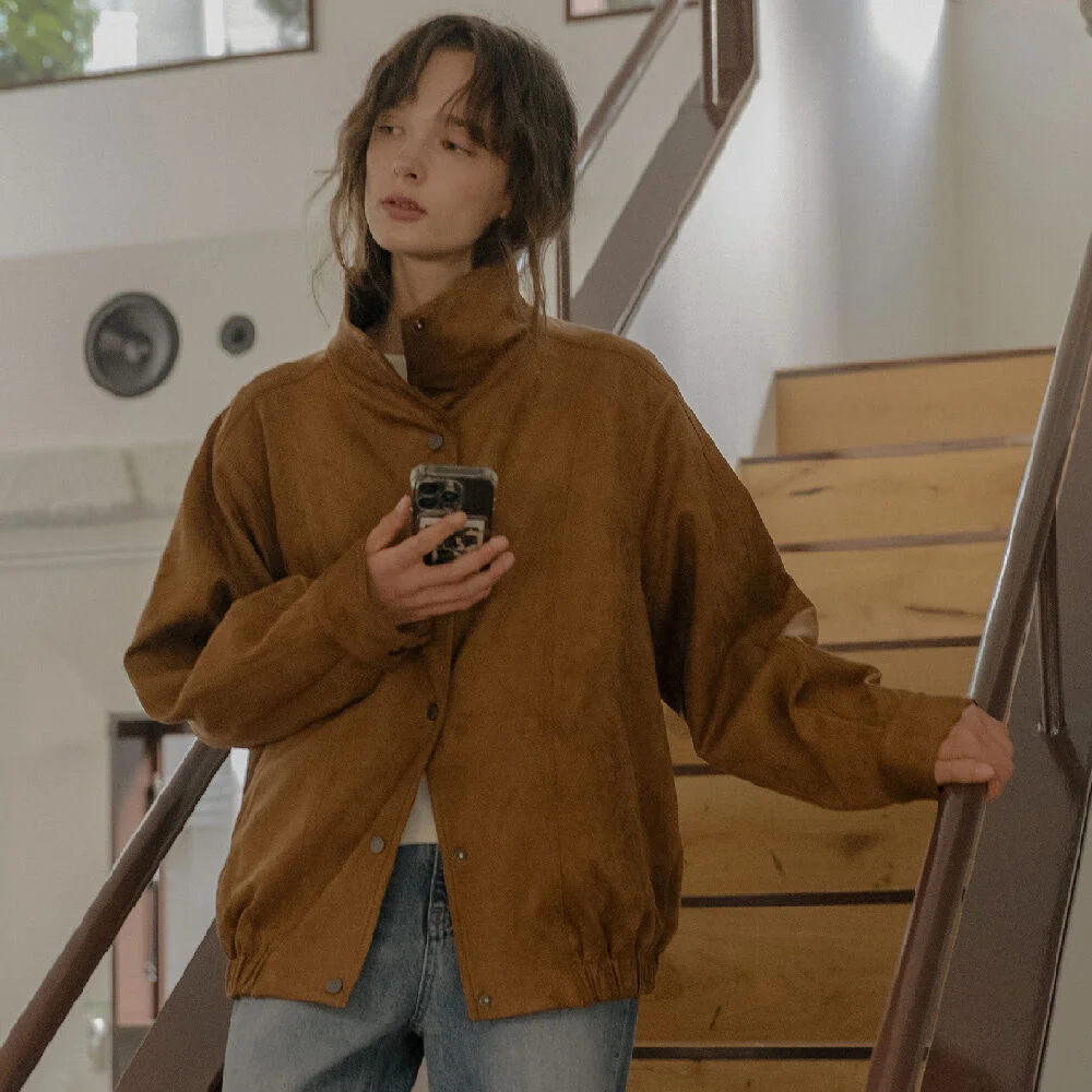 Suede quilting high neck blouson _Camel