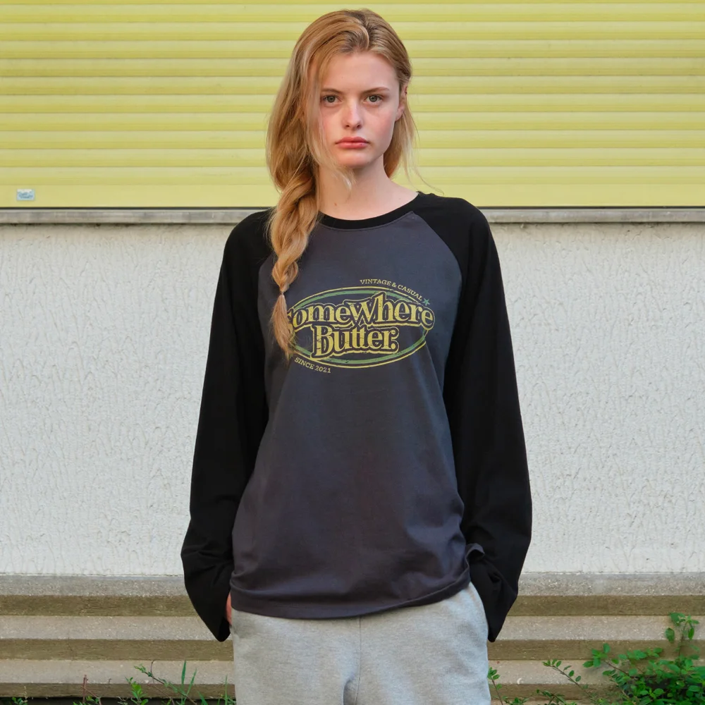 Wave Logo Raglan Long Top - Charcoal(Black)