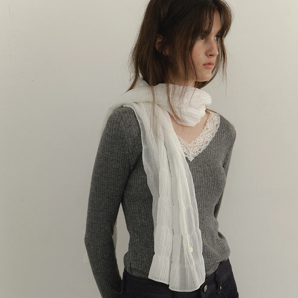 Ribbed slim lace t-shirt_3 Colors