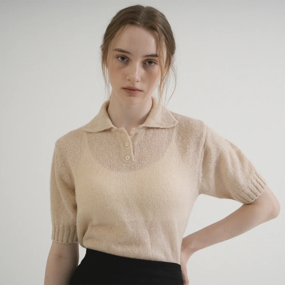 Button Collar Half Knit (Cream beige)