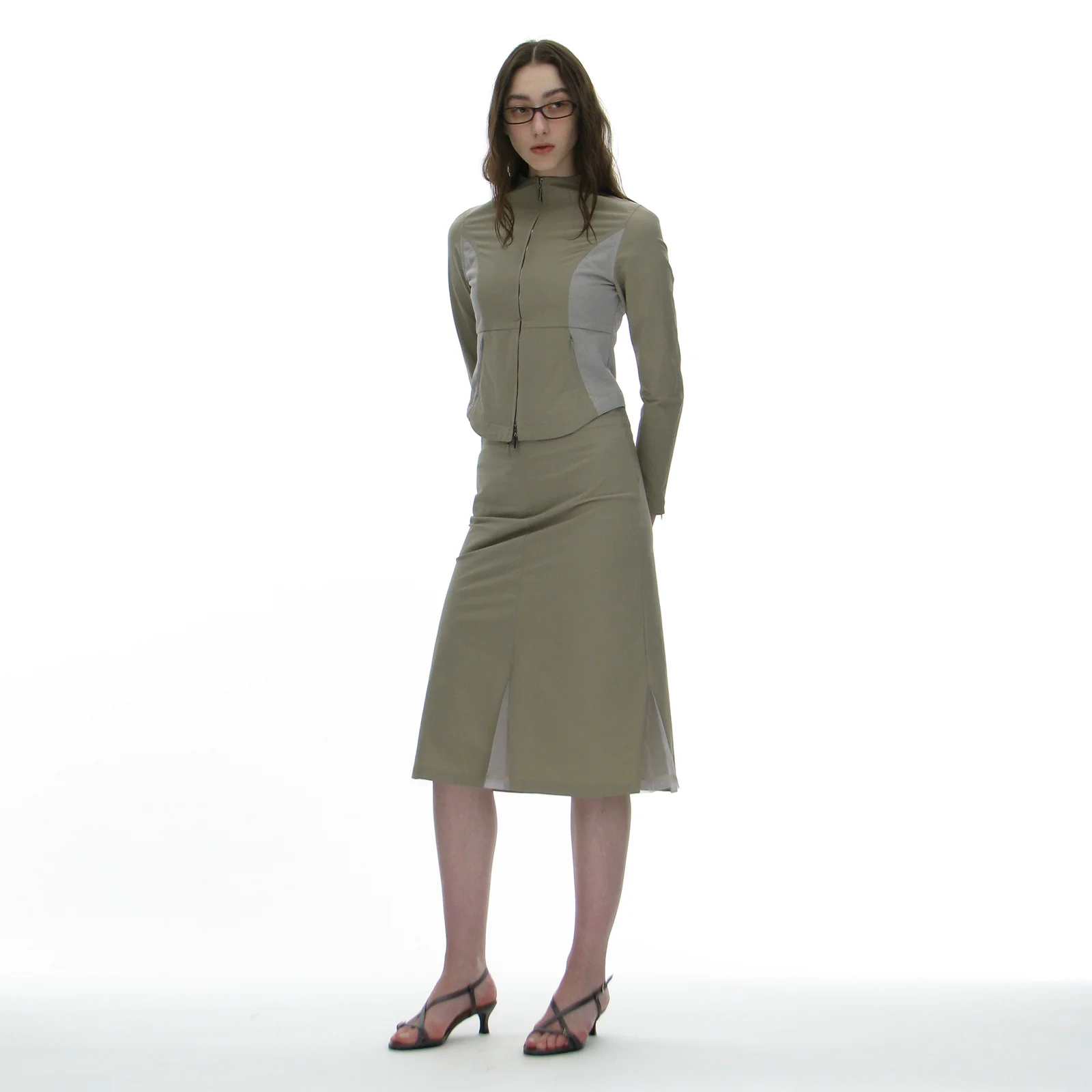 MESH LAYER GORED MIDI SKIRT_LIGHT KHAKI