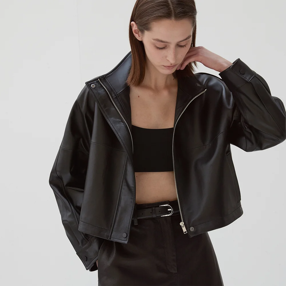 Nappa Lambskin High-neck short jumper_Black