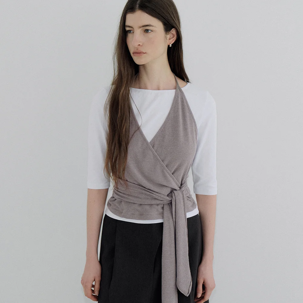 layered halter wrap T-shirt (cocoa) orc 6104