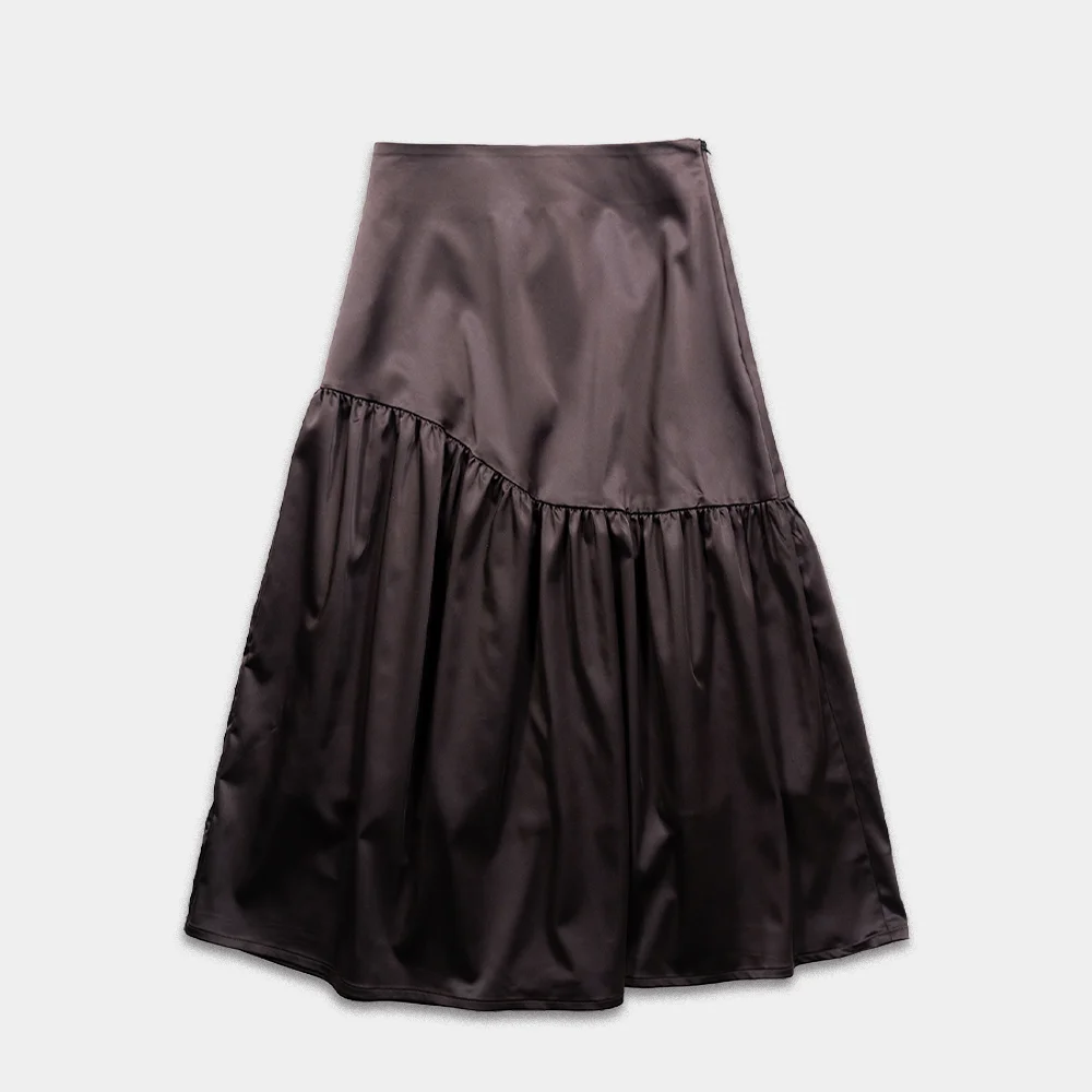 CORSET SHIRRING LONG SKIRT - BROWN