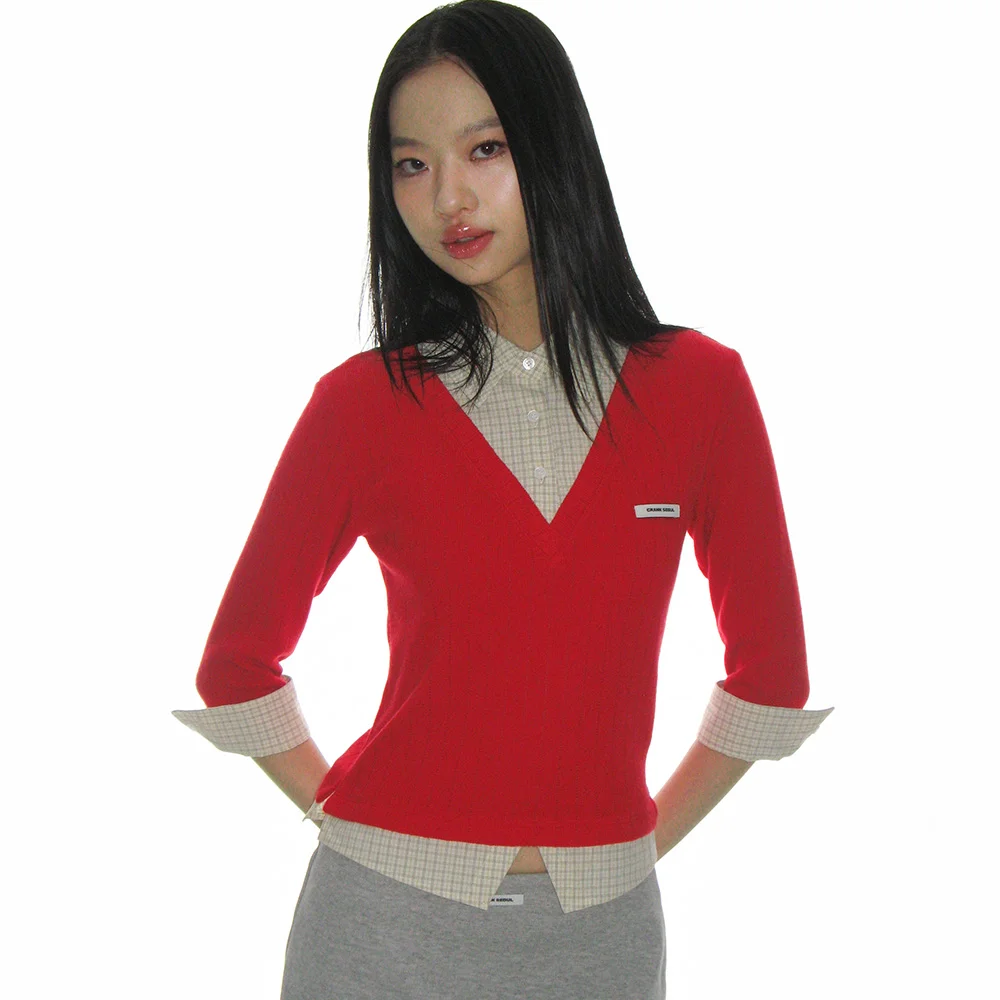 KNIT LAYERED CHECK SHIRT_RED