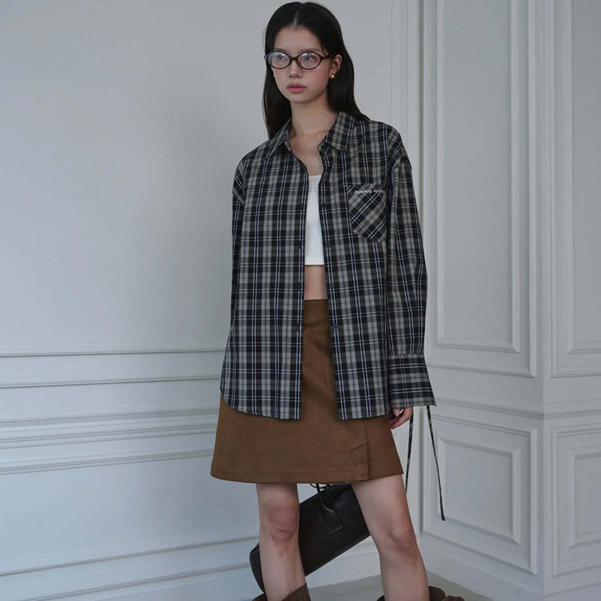 Ribbon Detailed Over-fit Cotton Shirt_Check Black