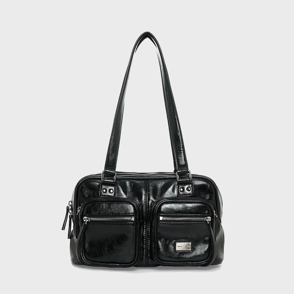 DOUBLE POCKET BRICK SHOULDER BAG IN BLACK