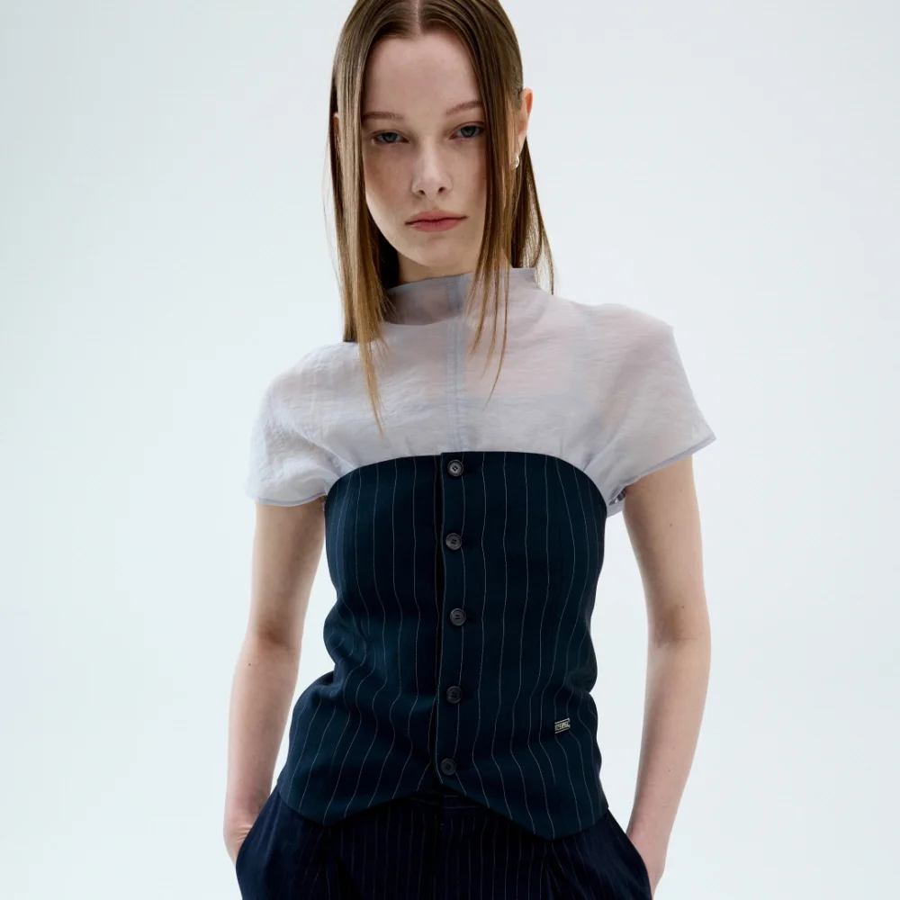 TAILORED STRIPE TUBE TOP_NAVY