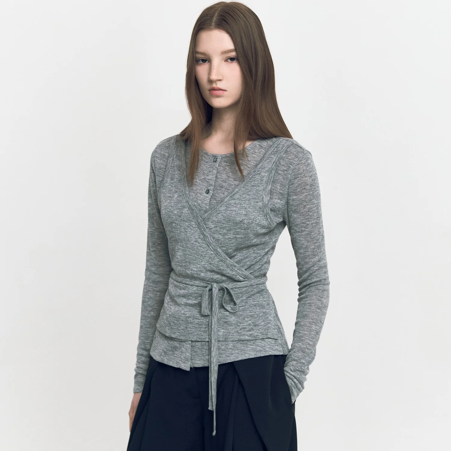 Crew-neck Wrap Bustier 2 in 1 Cardigan MELANGE GRAY