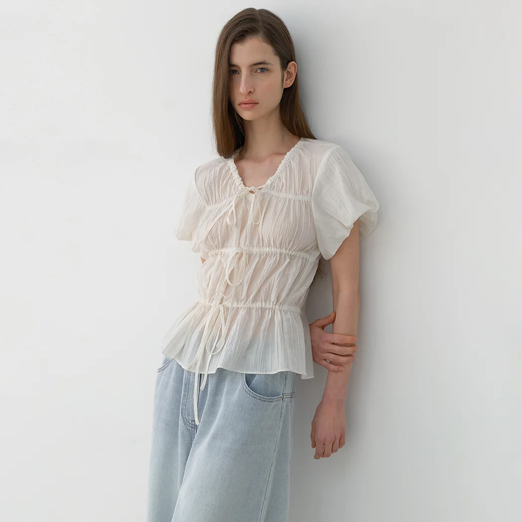 SHIRRING 3-RIBBON PUFF BLOUSE(BL-4318)_2Colors