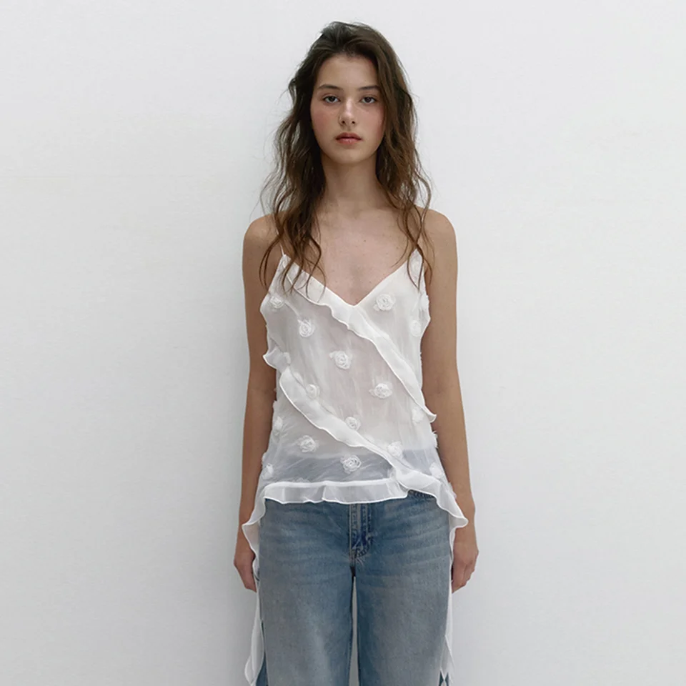 FLOWER CHIFFON RUFFLE BLOUSE (WHITE)