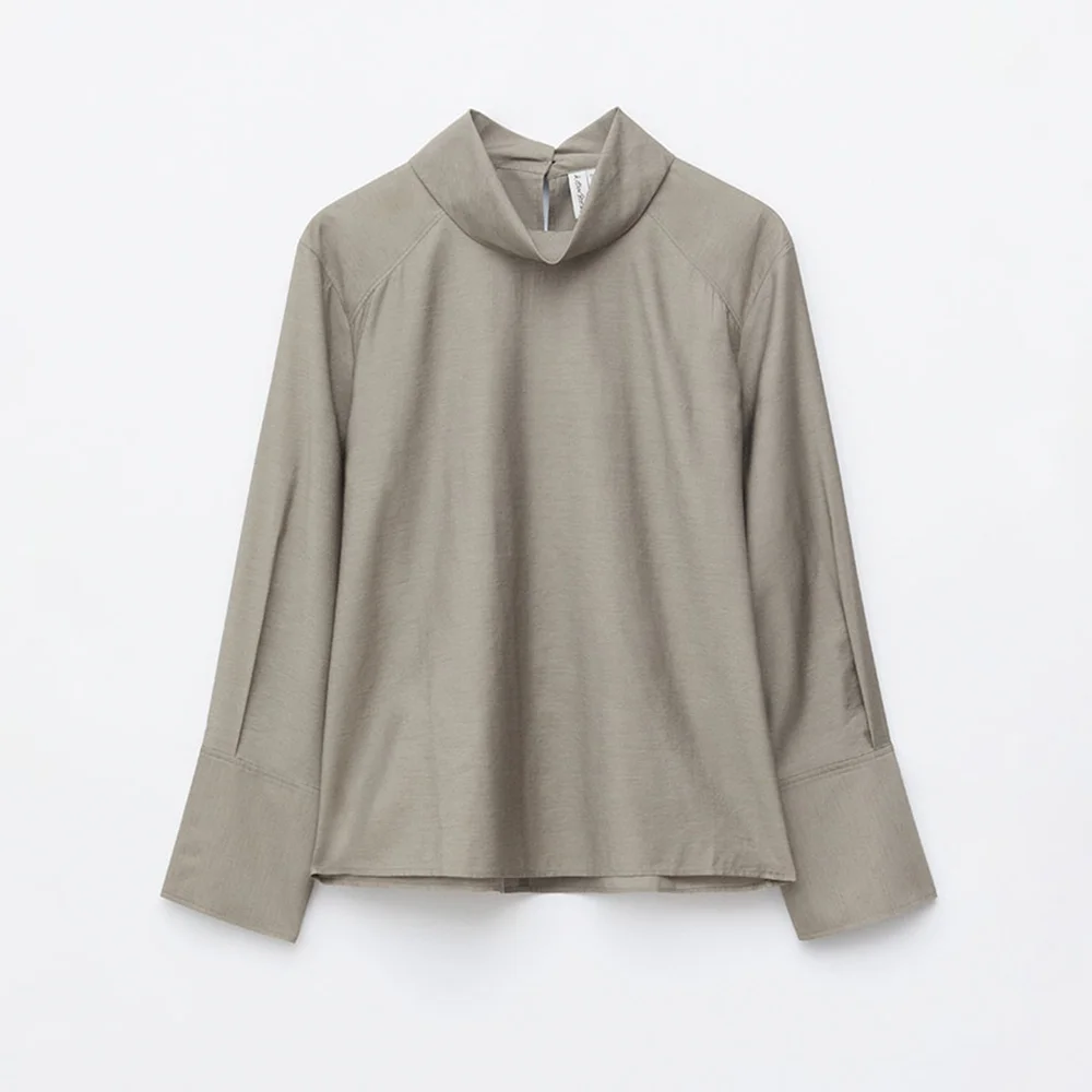翻摺 立領 衣領 雪紡衫 (Khaki Green)