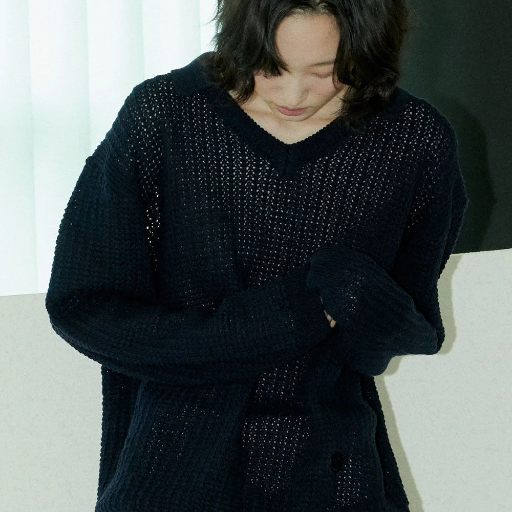 中性 紋理 衣領 針織衫 W - 海軍藍