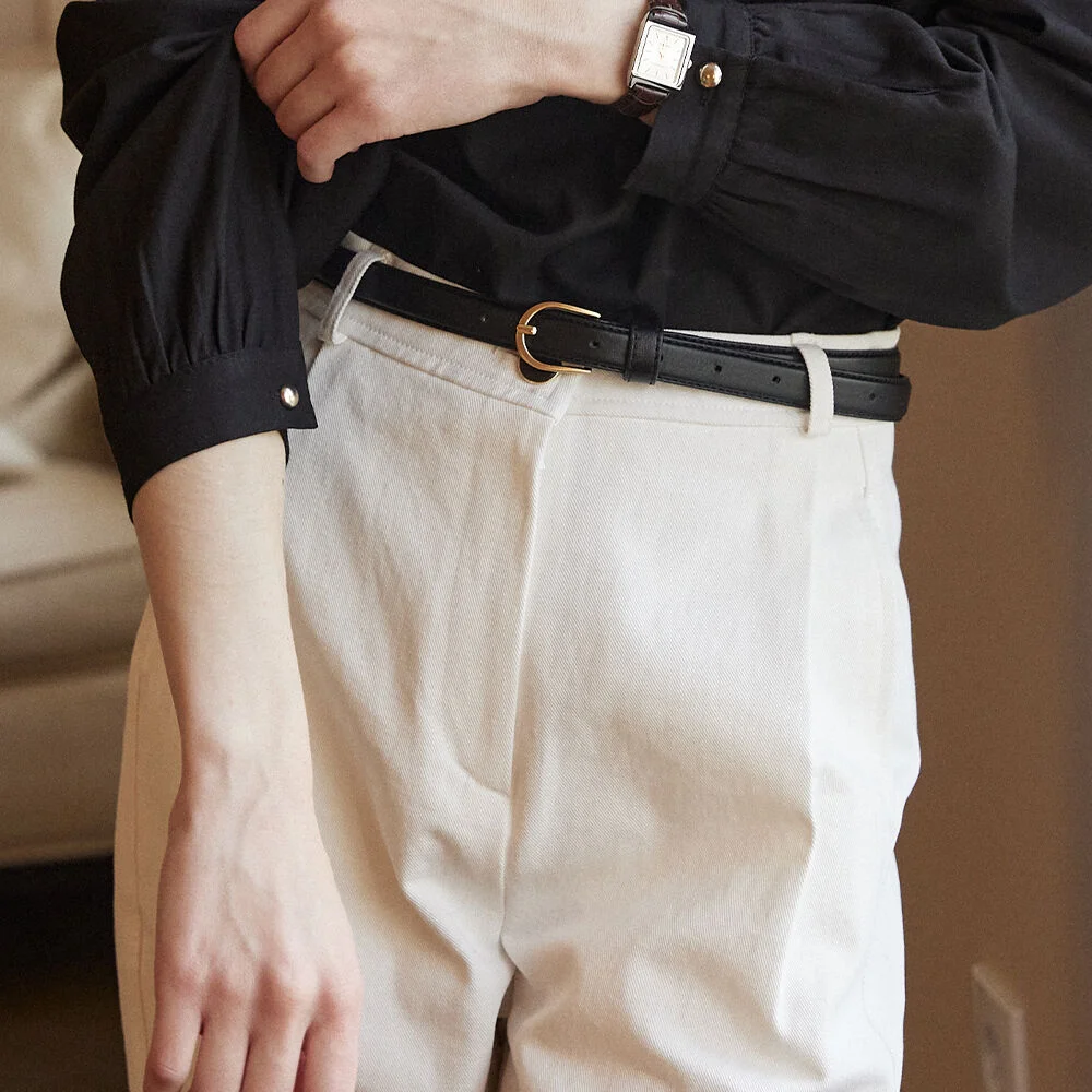 Goldish Leather Slim Belt - Black