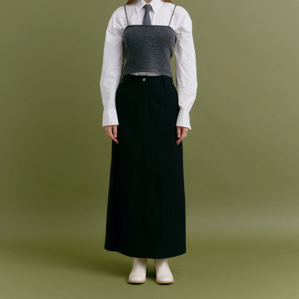 PUNCHING DENIM MAXI SKIRT (moat black)