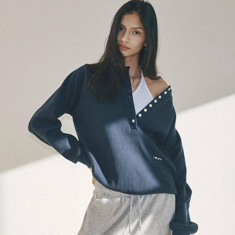 Waffle Relief Deep Placket Sweatshirt 海軍藍
